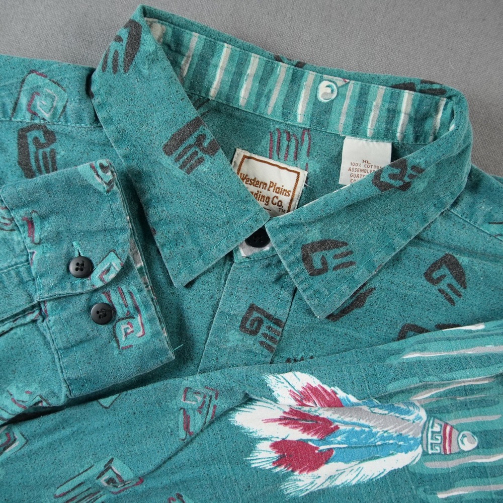 Vintage Southwestern Feathern Cowboy Geometric Retro Western Plains Shirt Men XL